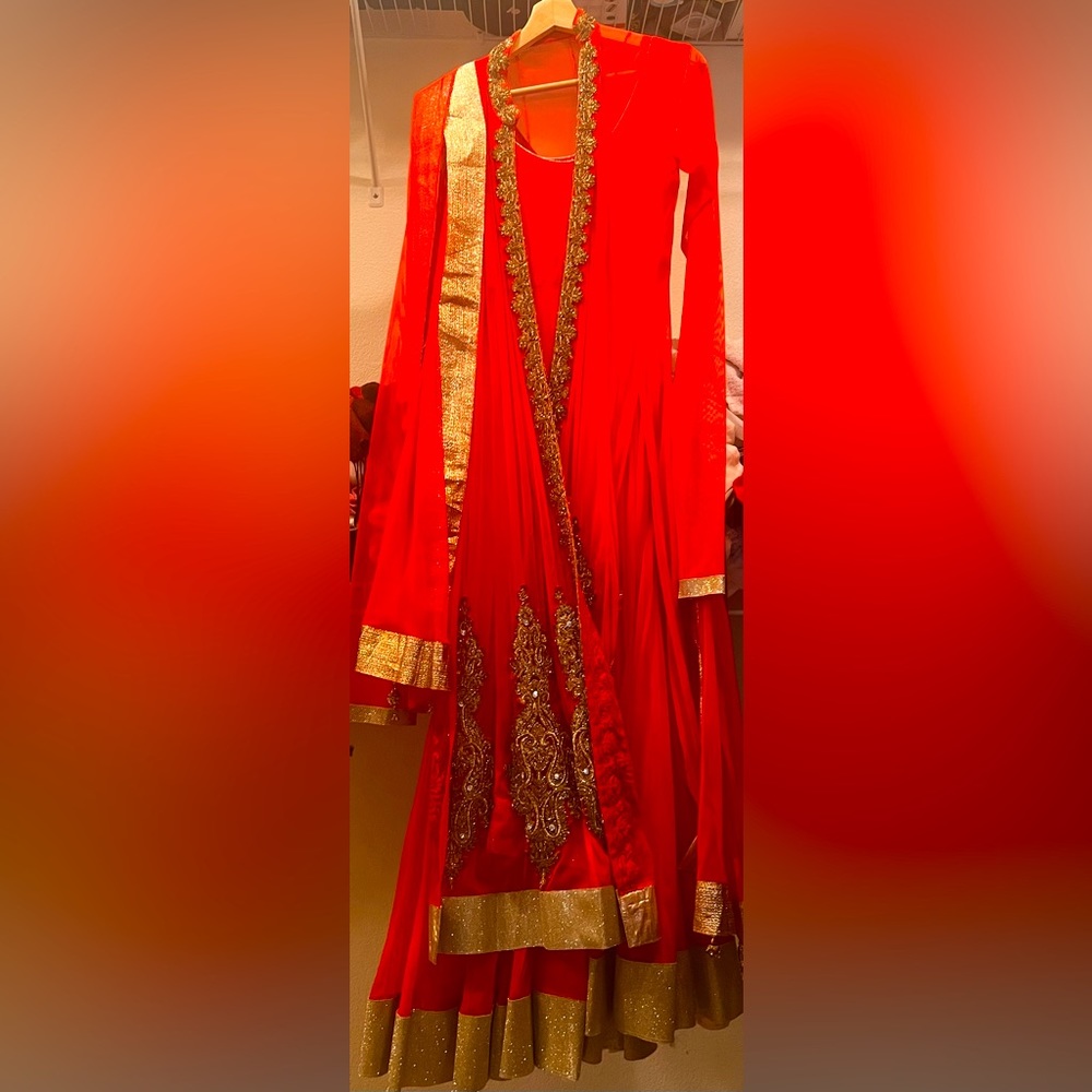 Punjabi anarkali suit-4 piece(anarkali suit, embroidered coverall, pajama,stole)